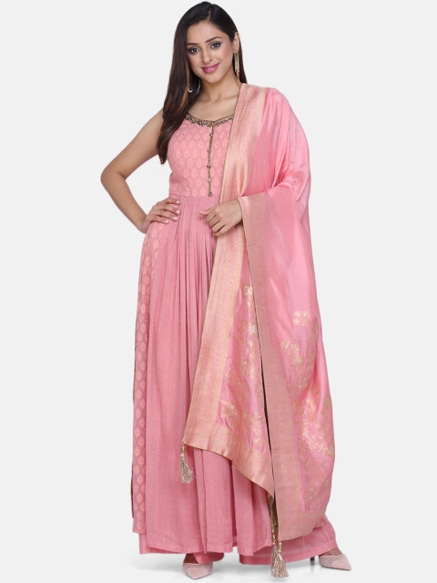 BOMBAY SELECTIONS Women Pink Woven Design Kurta with Palazzos & Dupatta