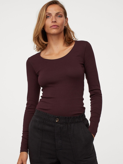 H&M Women Burgundy Solid Long Sleeve Top