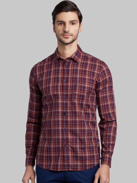 Parx Men Orange & Brown Slim Fit Checked Casual Shirt