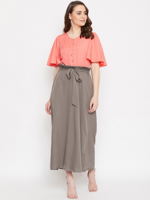 Bitterlime Women Pink & Grey Solid Top with Skirt