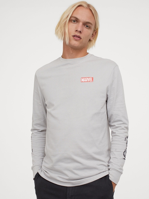 H&M Men Grey Printed Jersey Top