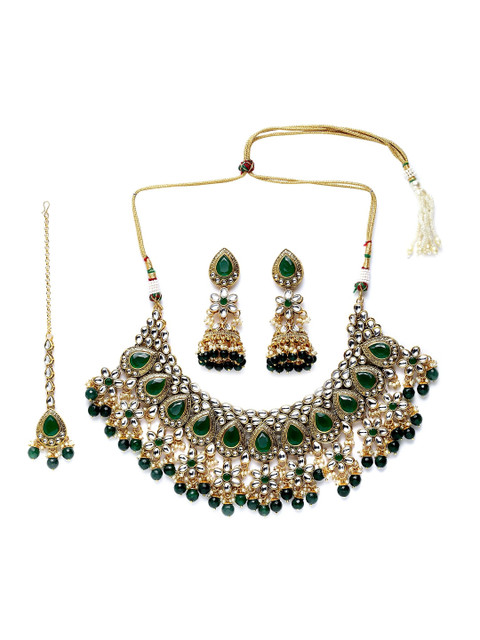 ANIKAS CREATION Gold-Plated Green & White Kundan & Stone-Studded Beaded Sustainable Handcrafted Jewellery Set
ANIKAS CREATION Gold-Plated Green & White Kundan & Stone-Studded Beaded Sustainable Handcrafted Jewellery Set