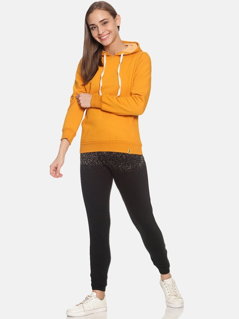 Campus Sutra Women Mustard Yellow & Black Hooded Tracksuit