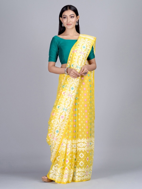 Mitera Yellow & White Silk Cotton Printed Jamdani Saree