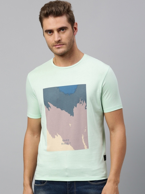 RARE RABBIT Men Mint Green & Beige Abstract Print T-shirt