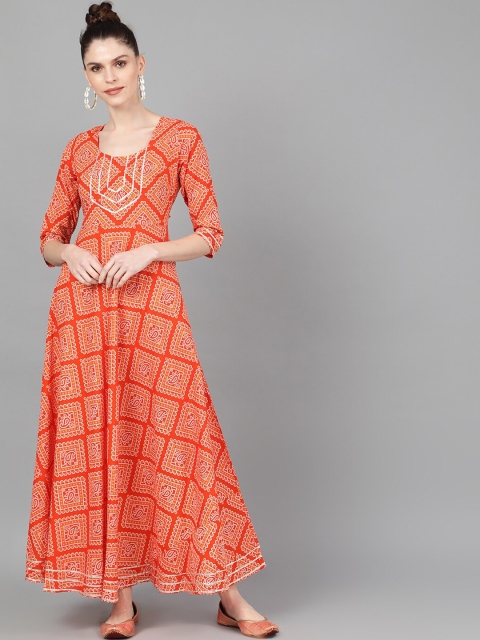 AKS Women Orange Bandhani Printed Maxi Dress