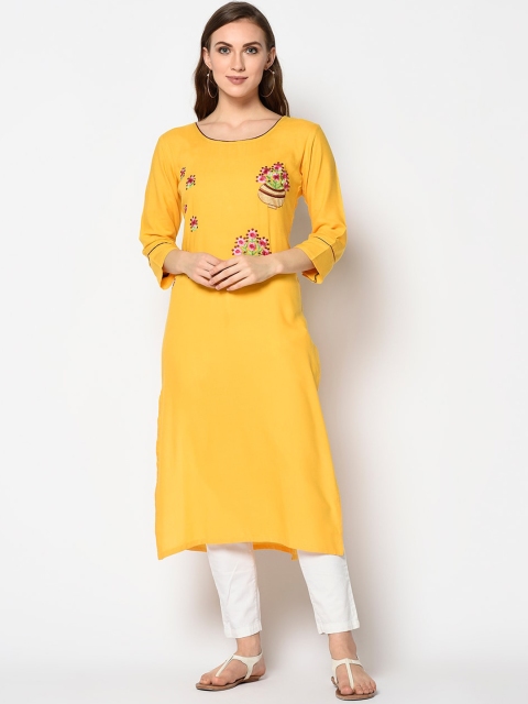 Kvsfab Women Yellow Printed Straight Kurta