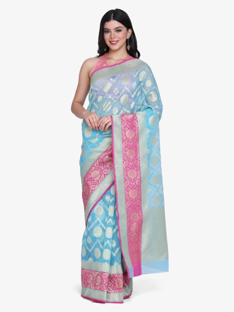 BOMBAY SELECTIONS Blue & Gold-Toned Silk Blend Woven Design Banarasi Saree