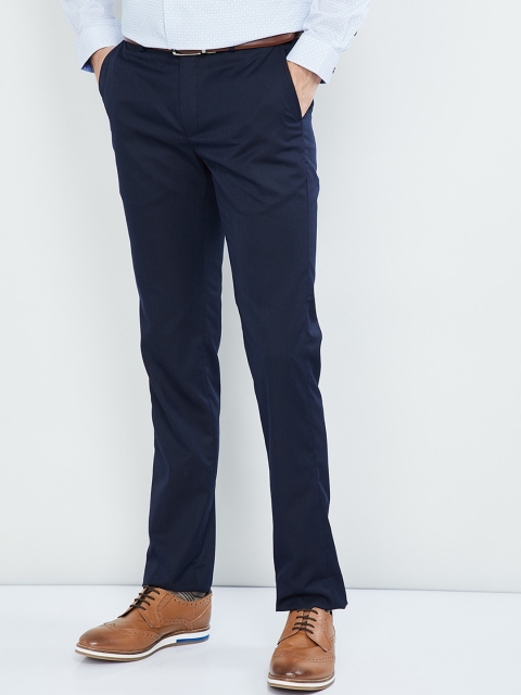 max Men Blue Slim Fit Solid Formal Trousers