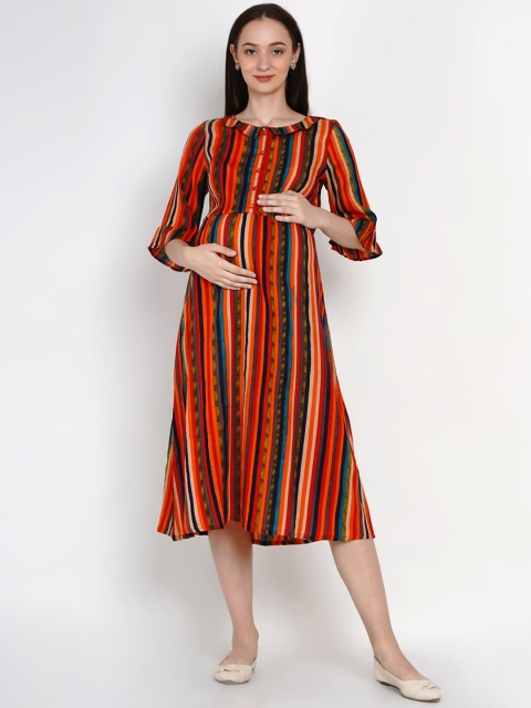 Mine4Nine Women Multicoloured Striped Maternity Fit and Flare Dress, Multi