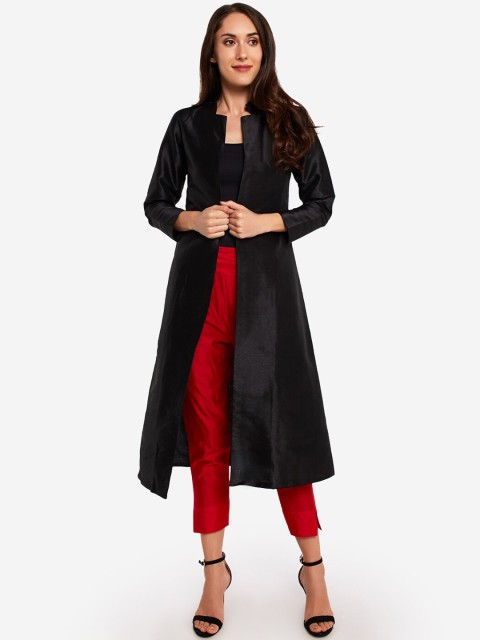 Desi Weavess Women Black Solid Longline Open Front Shrug