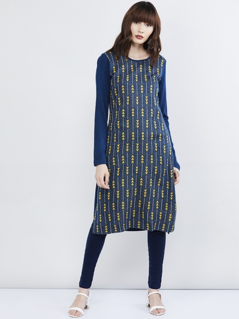 max Women Blue & Yellow Woven Design Straight Winter Kurta