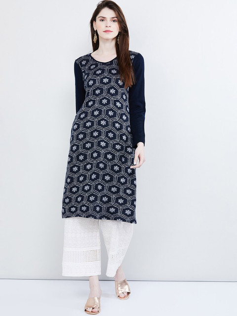 max Women Navy Blue Woven Design Straight Kurta 
max Women Navy Blue Woven Design Straight Kurta