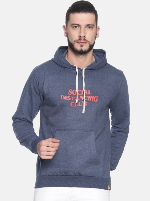 Campus Sutra Men Blue & Orange Printed Hooded Sweatshirt