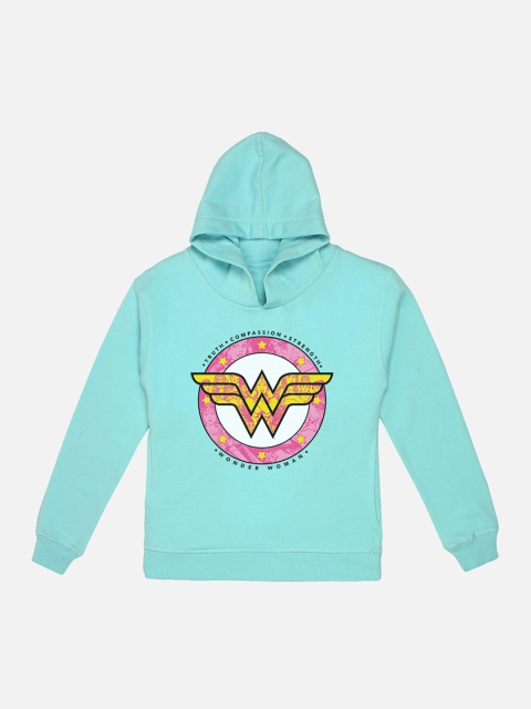 Kids Ville Girls Blue & Grey Melange Wonder Woman Printed Hooded Sweatshirt