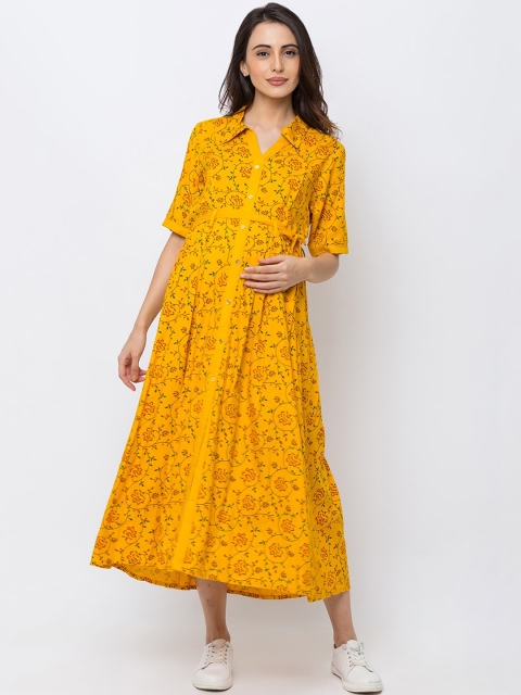 MomToBe Women Mustard Yellow Maternity Printed Maxi Dress