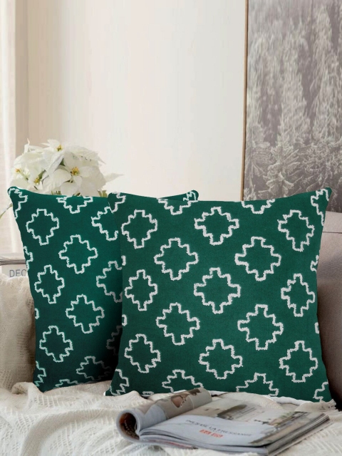 LUXENMEAD Green & White Set of 2 Embroidered Square Cushion Covers