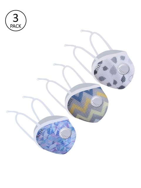 Soie Unisex 3 Pcs Printed 8-Ply Anti-Pollution Valved Reusable Masks, Blue