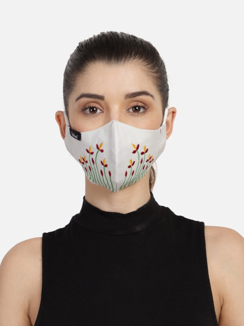 Anekaant Women Off White 3-Ply Embroidered Fabric Fashion Mask