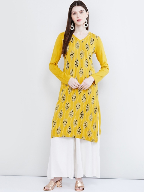 max Women Mustard Yellow & Black Printed Straight Kurta