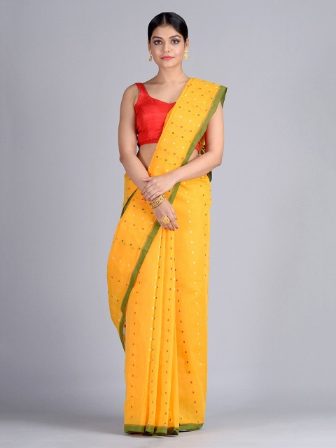 Mitera Yellow & Green Pure Cotton Woven Design Handloom Taant Saree