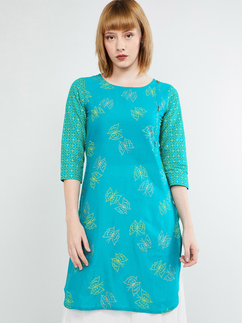 max Women Turquoise Blue & White Quirky Print Straight Kurta 
max Women Turquoise Blue & White Quirky Print Straight Kurta