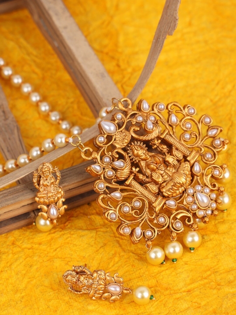 ANIKAS CREATION Gold-Plated Off-White Beaded Temple Jewellery Set