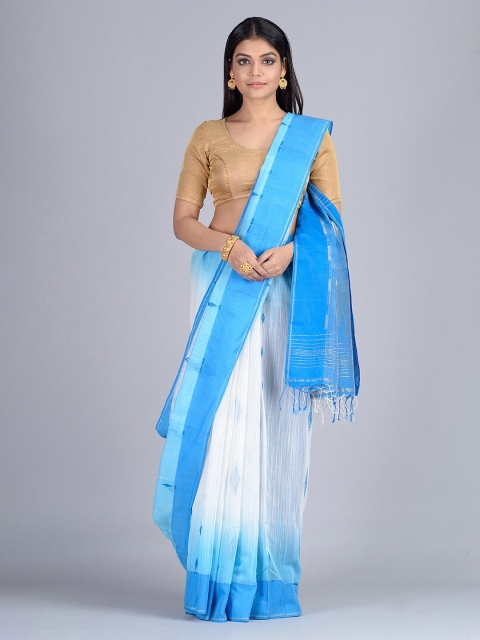 Mitera White & Blue Silk Cotton Woven Design Handloom Taant Saree
