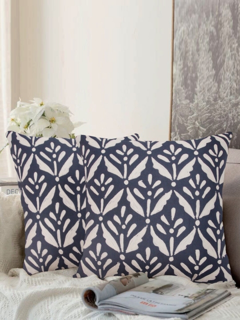 LUXENMEAD Navy Blue & Off-White Set of 2 Embroidered Square Cushion Covers