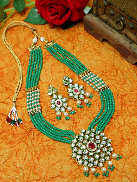 Moedbuille Gold-Plated & Green Kundan Pearls & Onyx Stones Studded Jewelry Set