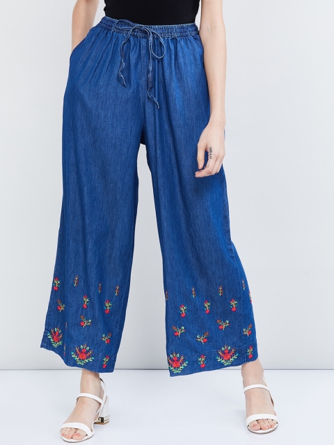 max Women Blue & Red Floral Embroidered Wide Leg Crop Palazzos