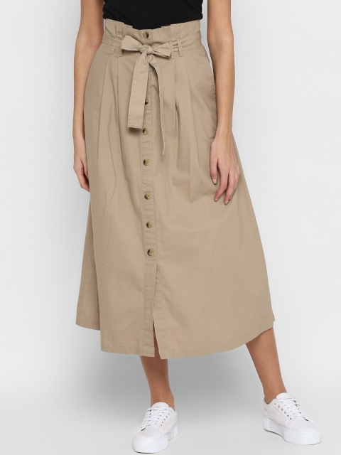 FOSH Women Beige Solid A-Line Midi Pure Cotton Skirt