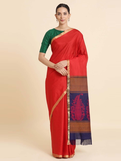 Taneira Red & Navy Blue Solid Pure Silk Saree