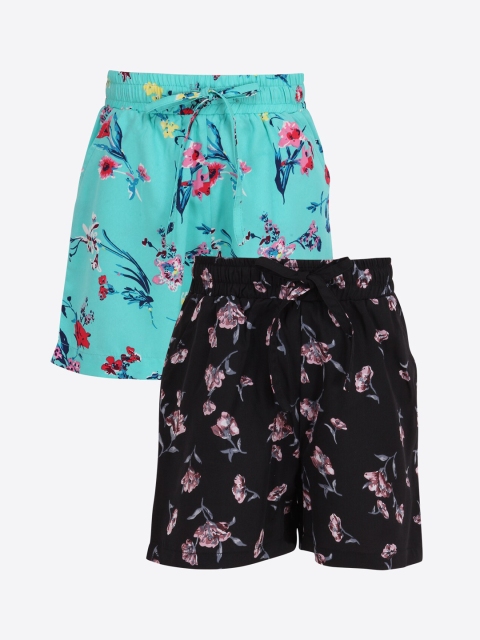 CUTECUMBER Girls Pack of 2 Floral Printed Regular Shorts, Black