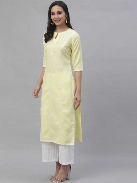 Libas Women Yellow Embroidered Straight Kurta