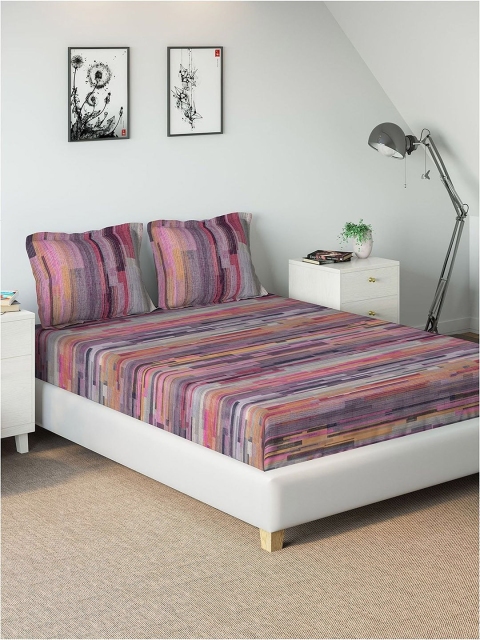 DDecor Pink & Purple Striped 180 TC Cotton 1 King Bedsheet with 2 Pillow Covers
