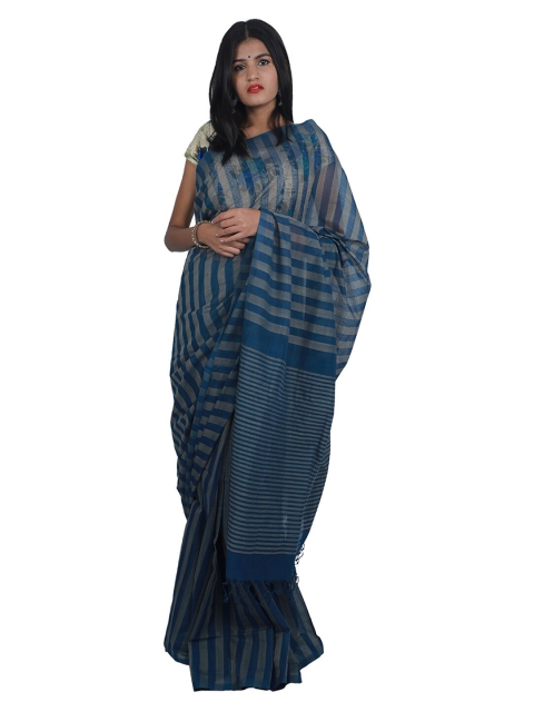 APCO Navy Blue & Grey Pure Cotton Striped Saree