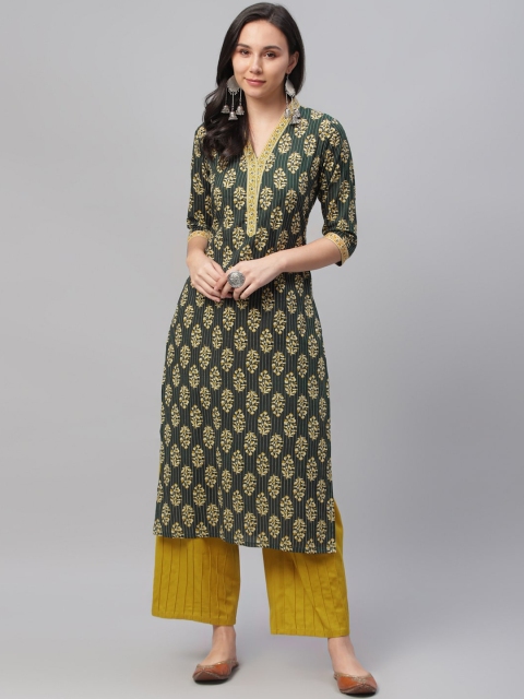 Libas Women Green & Yellow Printed Straight Kurta