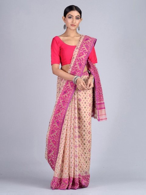 Mitera Cream-Coloured & Pink Silk Cotton Woven Design Jamdani Saree