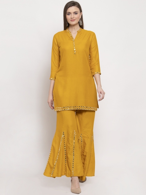 Clora Creation Women Mustard Yellow Yoke Design Mirror Embellished Kurti with Sharara
Clora Creation Women Mustard Yellow Yoke Design Mirror Embellished Kurti with Sharara