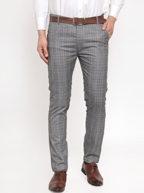 JAINISH Men Grey Smart Slim Fit Checked Formal Trousers