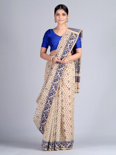 Mitera Off-White & Blue Silk Cotton Woven DesignHandloom Jamdani Saree