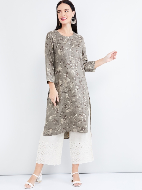 max Women Grey & Off-White Printed Straight Kurta