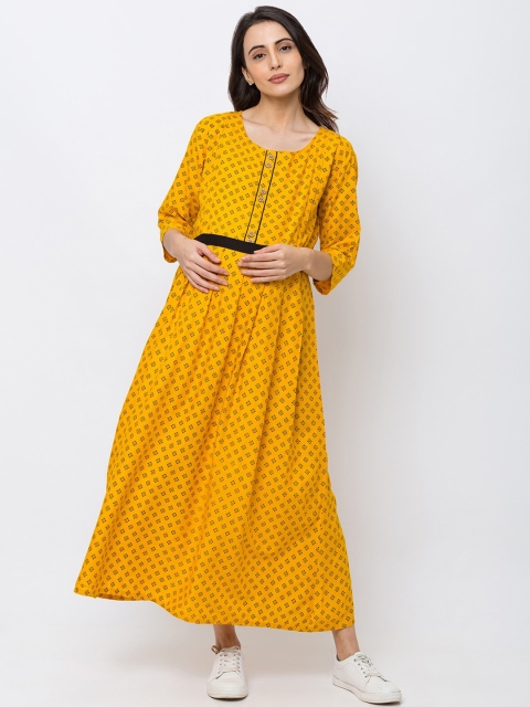MomToBe Women Yellow & Black Printed Fit & Flare Maternity Dress