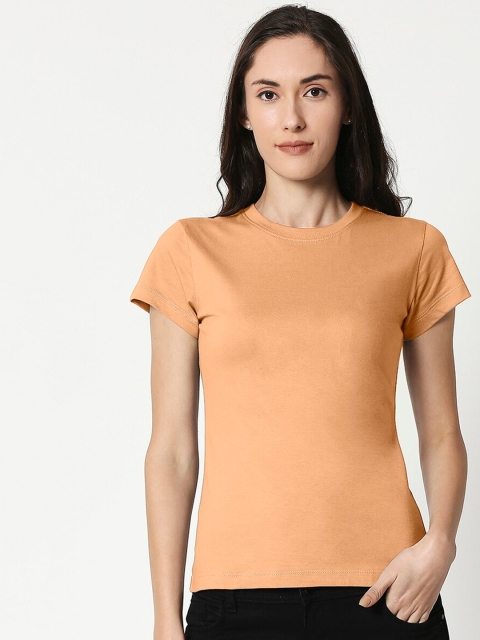 Bewakoof Women Orange Solid Round Neck T-shirt