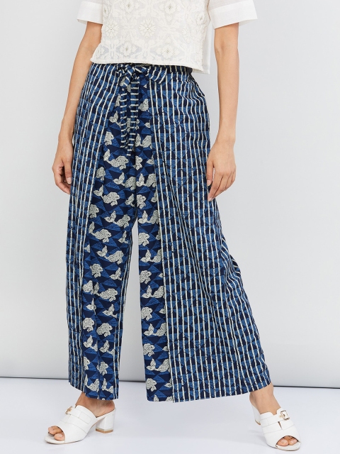 max Women Navy Blue & White Printed Wide Leg Palazzos