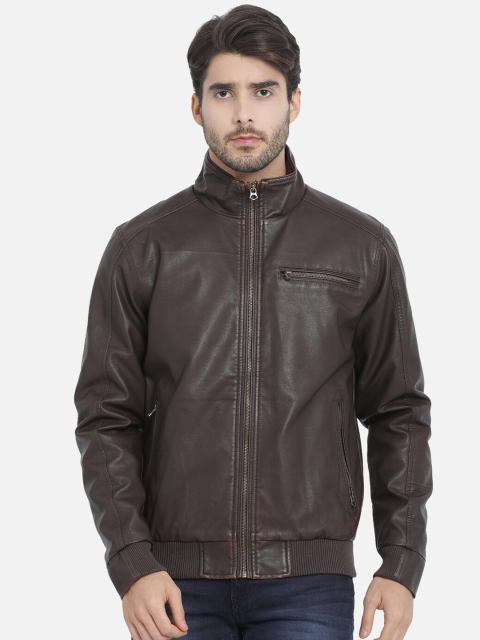 t-base Men Brown Solid Lightweight Biker Jacket