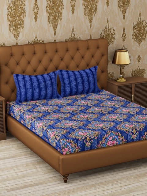 METRO LIVING Blue & Pink Ethnic Motifs 120 TC Cotton 1 Queen Bedsheet with 2 Pillow Covers
