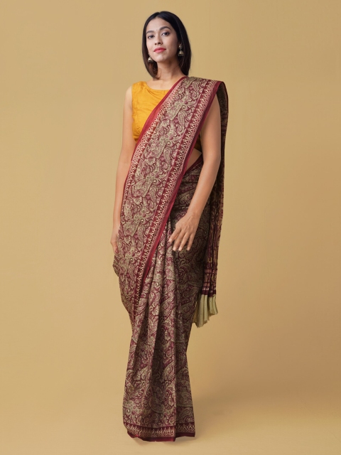 Unnati Silks Maroon Printed Pure Cotton Saree