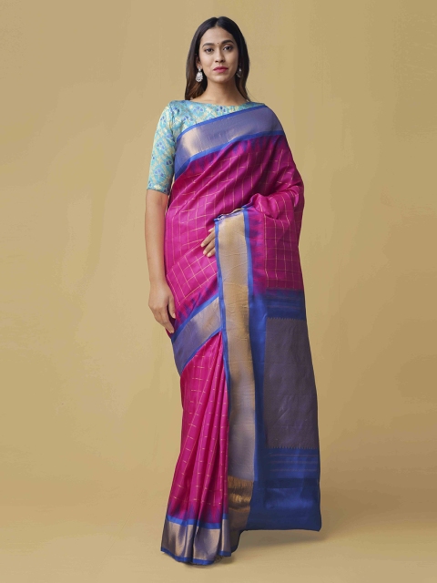 Unnati Silks Pink & Blue Pure Silk Checked Gadwal Handloom Saree